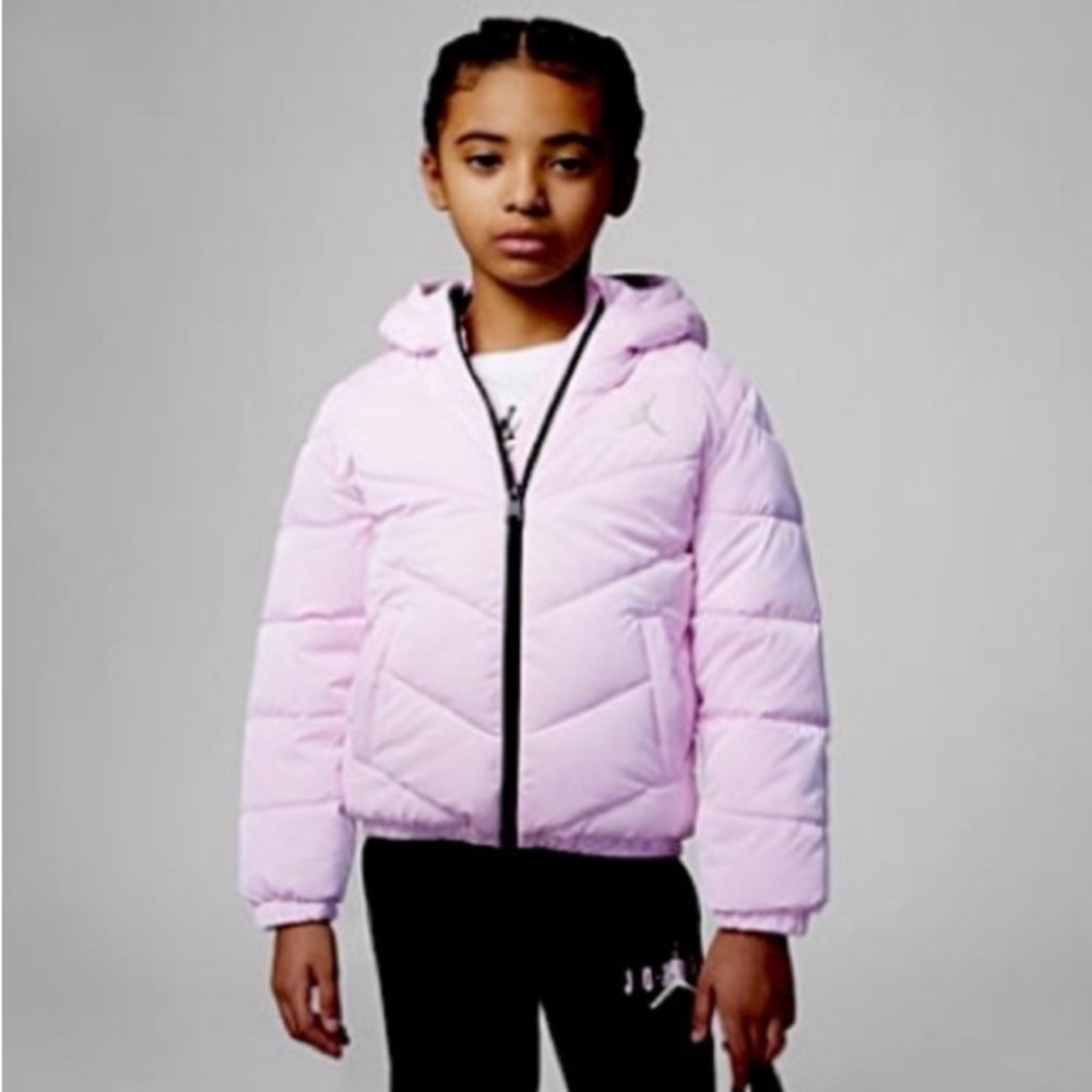 Kids Jordan pink puffer coat.
